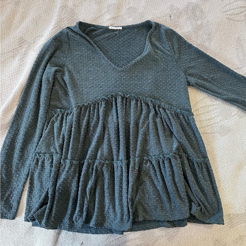 Impressions Dark Green Textured Peplum V-Neck Top
